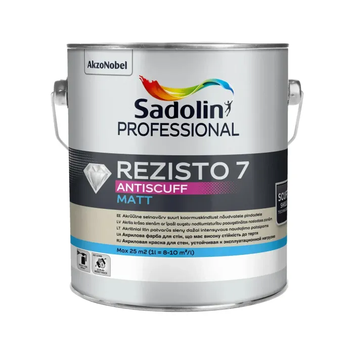 Акрилова фарба "Sadolin" Professional Rezisto 7 Antiscuff для стін, зносостійка, безбарвна, BC [Садолін Профешенал Резисто 7 Антискуф]